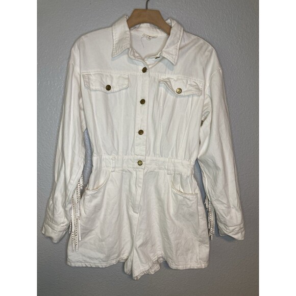 Rockabilly Gold Studded Fringe Western Denim Short Romper M Off White Boho - Picture 2 of 14
